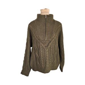 Heartloom Pauline Eyelet Cable Knit Zip Green Sweater Sz L